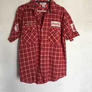 VINTAGE Coca Cola Button Up Shirt Men's Small Embroidered Red Plaid